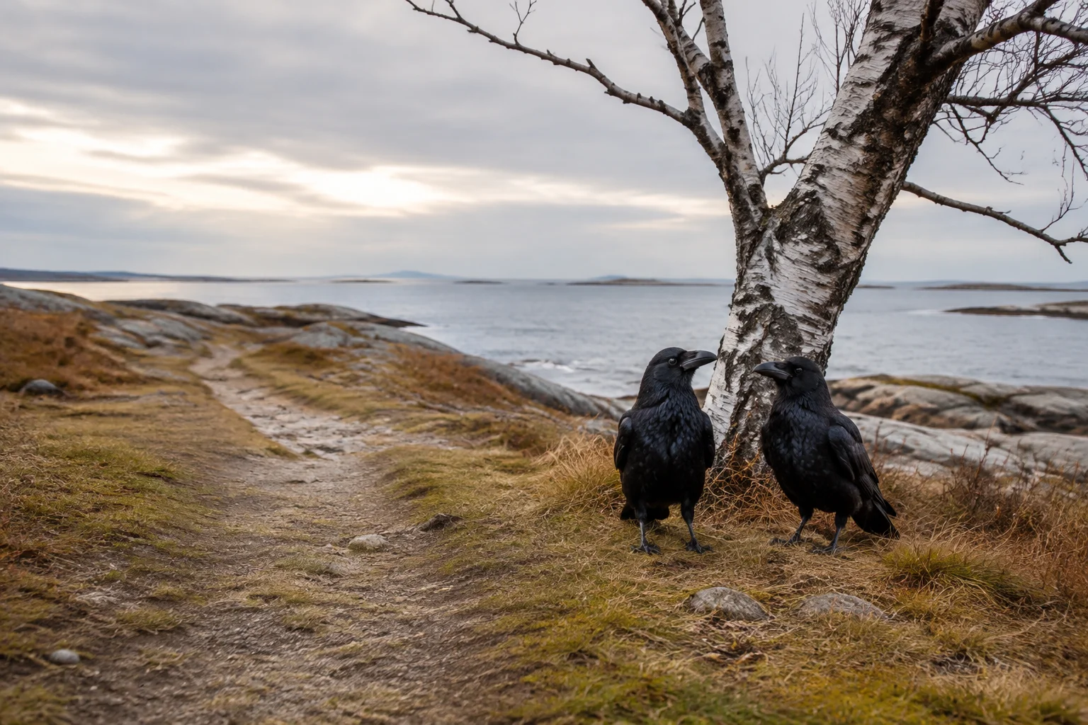 Two ravens beside a weather-shaped birch on a quiet Nordic island path