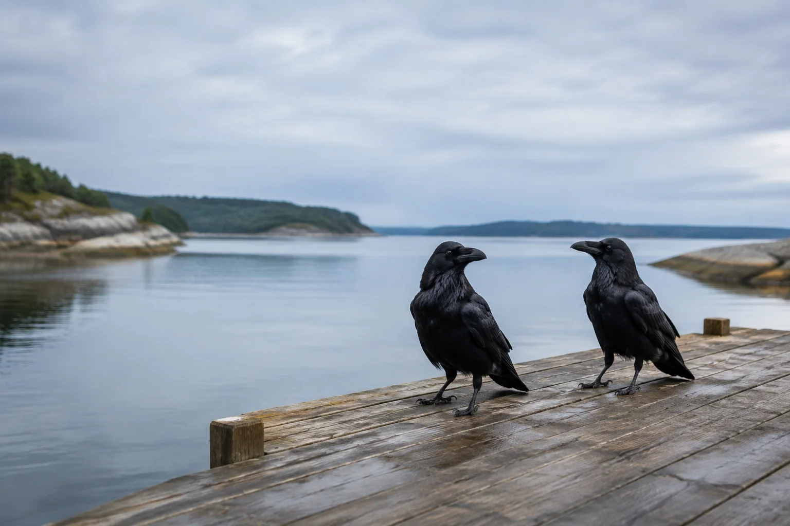 Two ravens in a quiet Nordic coastal landscape