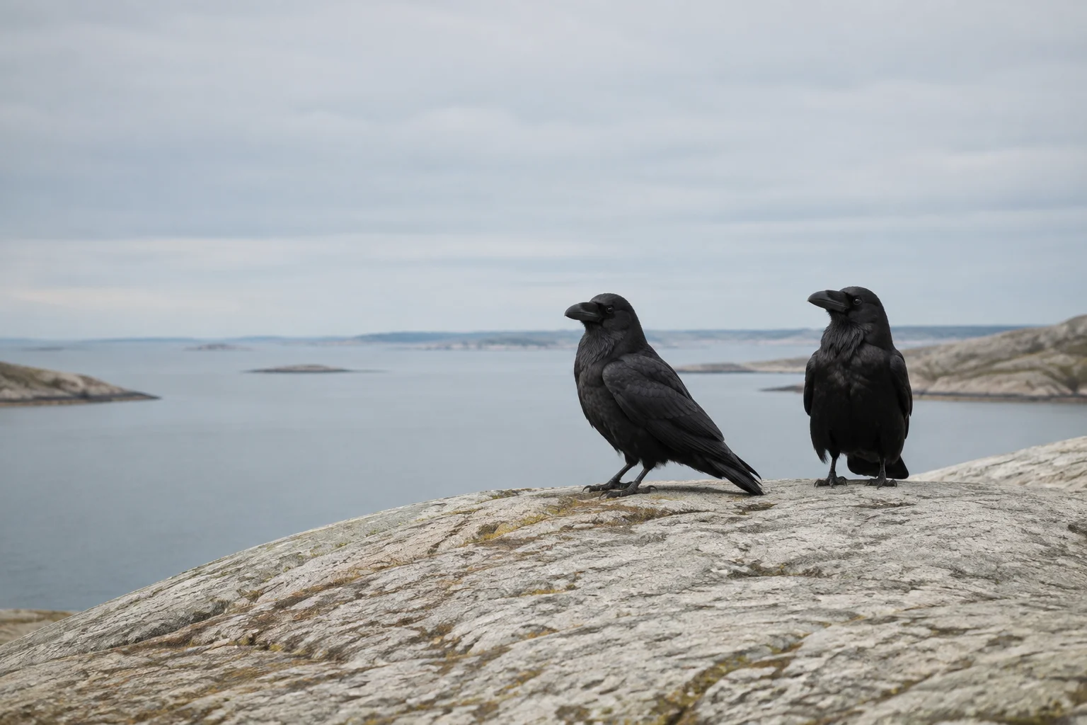 Two ravens in a quiet Nordic coastal landscape
