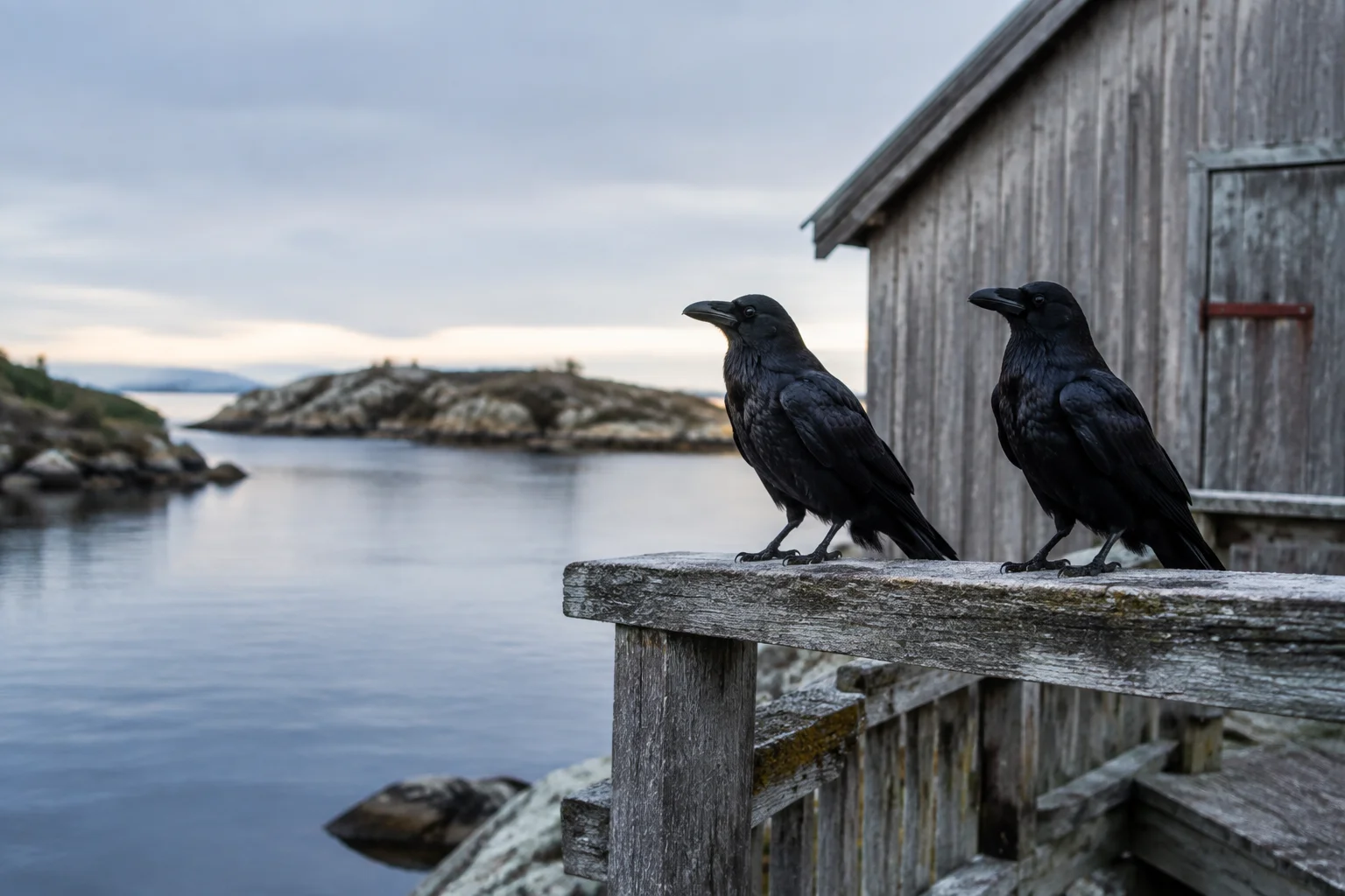 Two ravens in a quiet Nordic coastal landscape