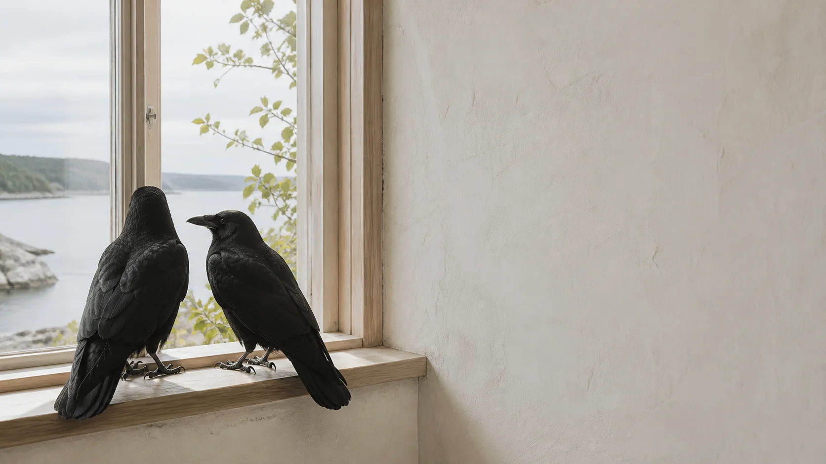 Two ravens looking across a quiet Nordic coast